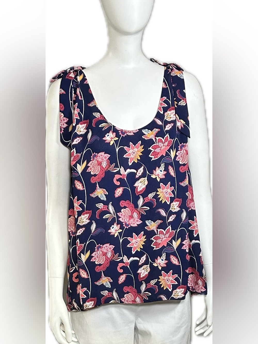 LOFT Navy Floral Tie-Shoulder Tank Top; EUC, Sz XL
